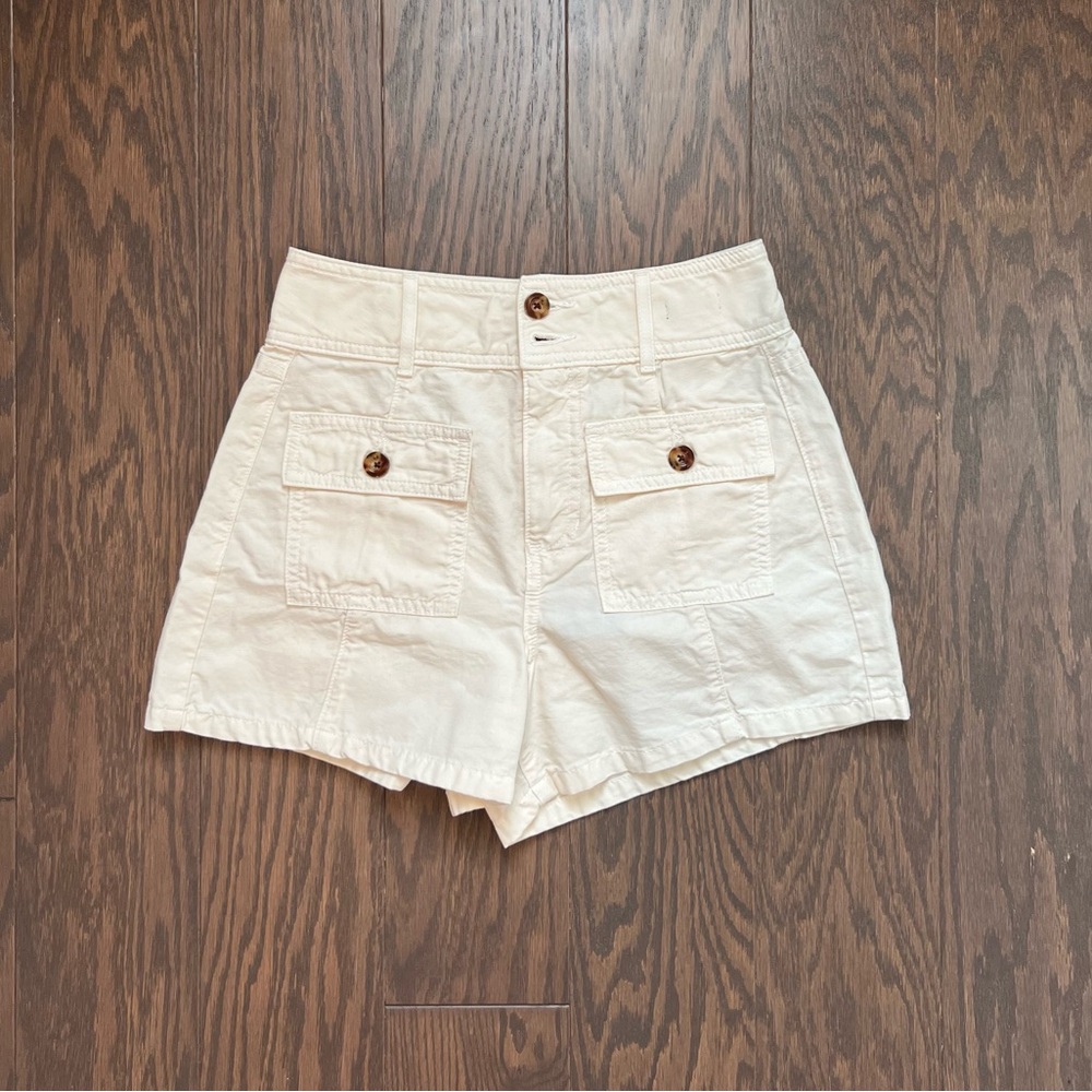 Veronica Beard Cream High-Waist Cotton Utility Shorts